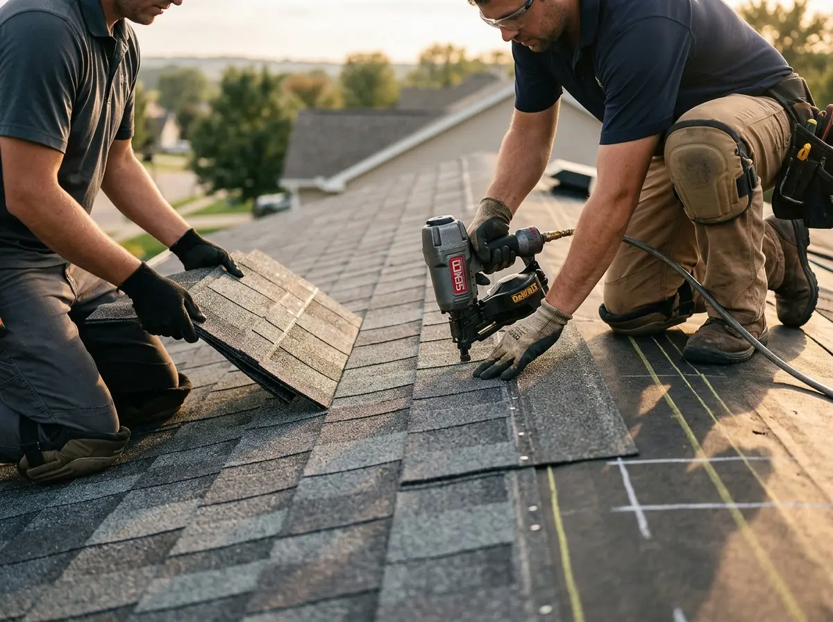 Professional roofer working on a residential roof in Wheaton